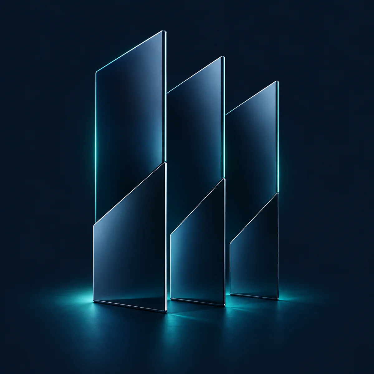 Thin illuminated glass panels with layered reflections and teal light, reminiscent of futuristic devices